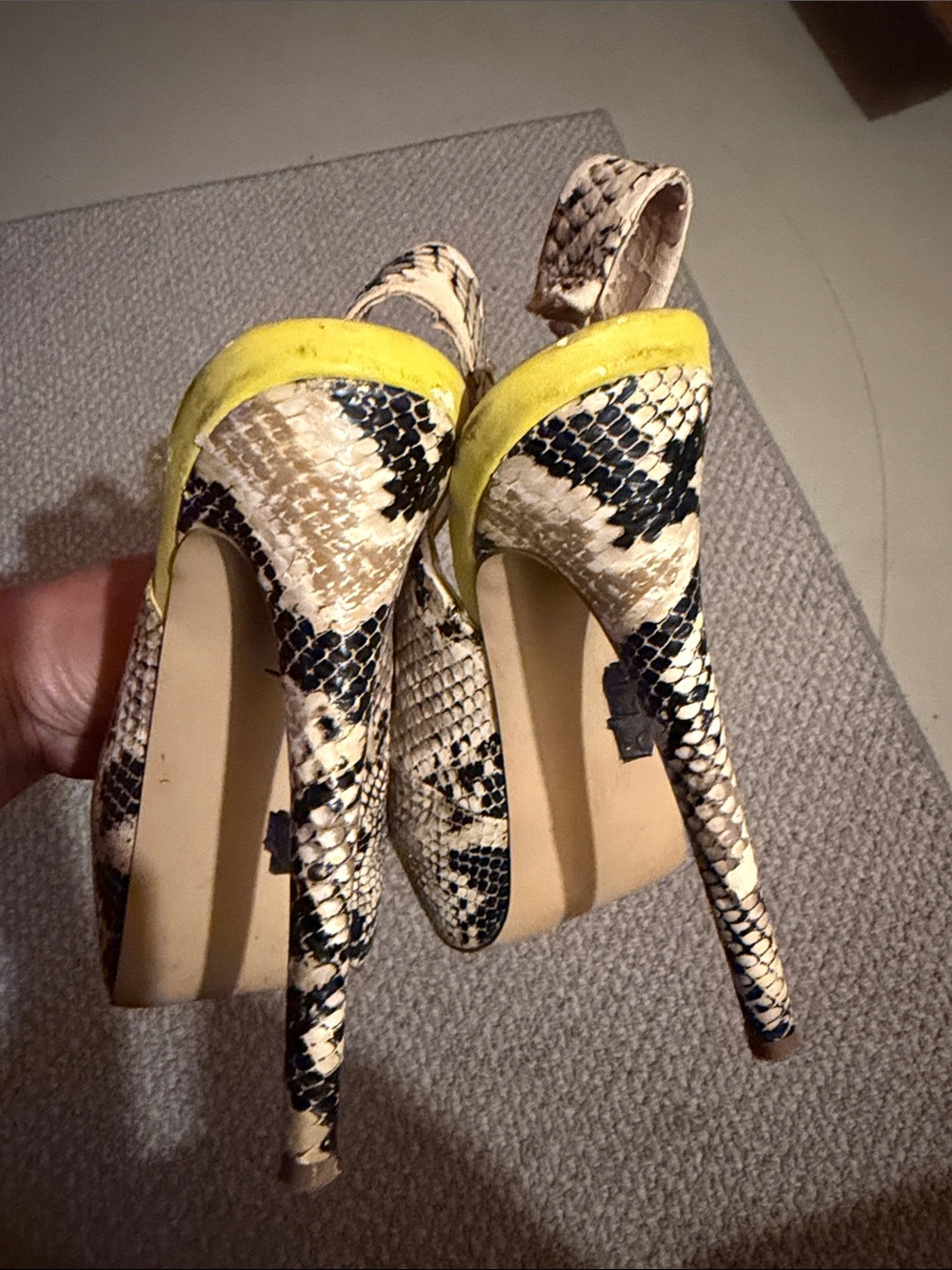 Steve Madden Snake-Print Peep Toe Heels with Yellow Accent - Picture 4 of 5